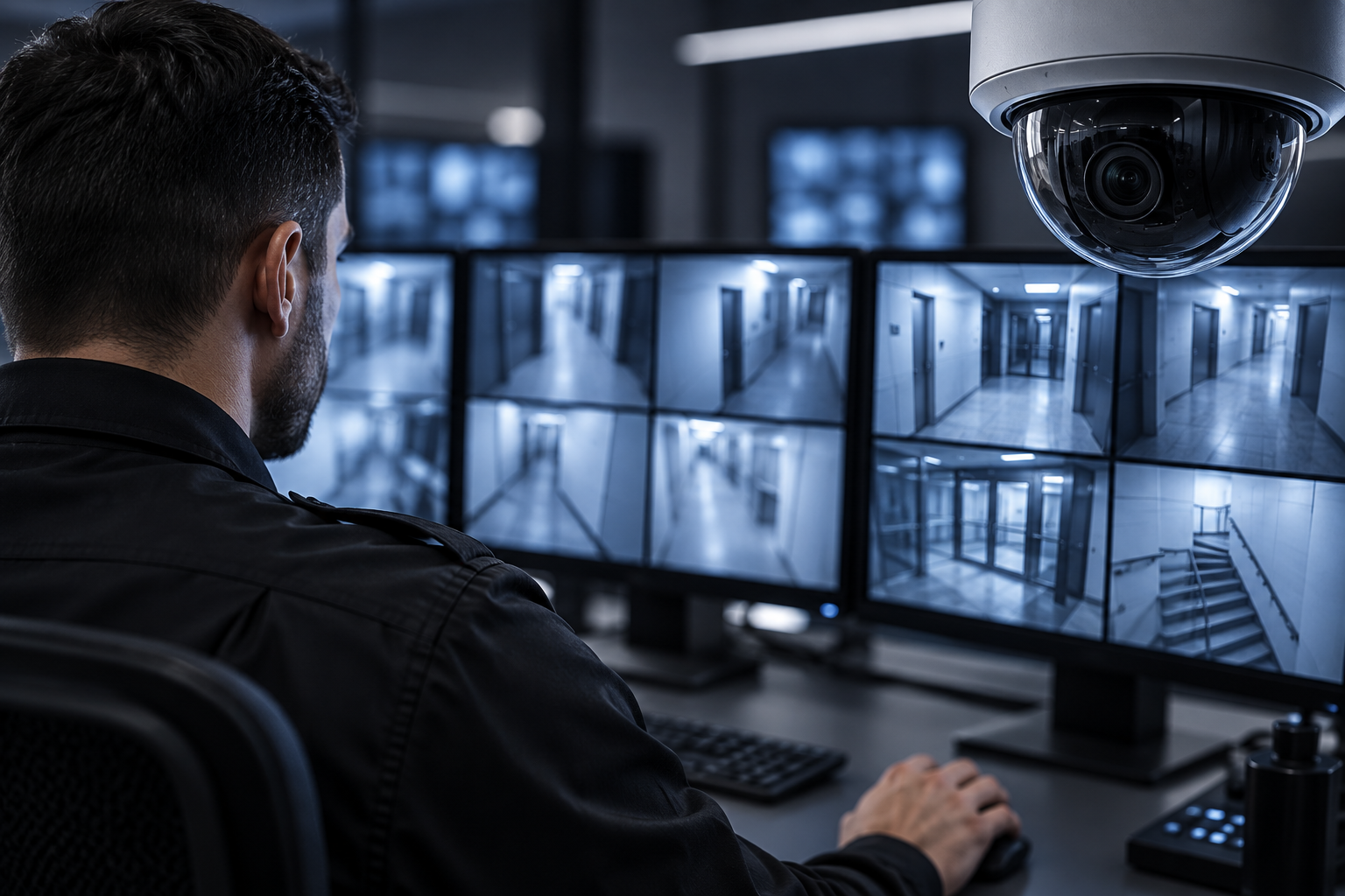 Imagen conceptual de un operador observando cámaras de vigilancia